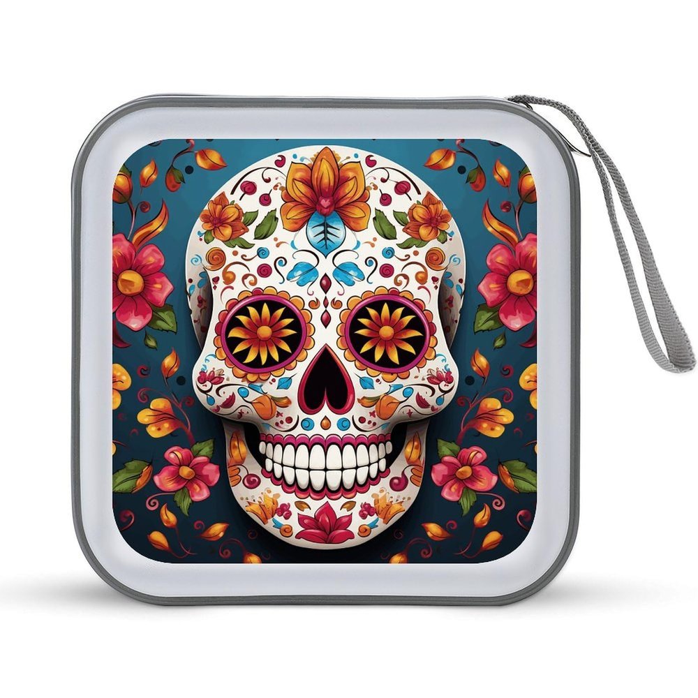 FodPand Colorful Sugar Skull CD Case 40 Capacity DVD Case Hard Plastic Disc Booklet VCD Storage Box Portable Zipper DVD Holder Large Media Binder for Car Home Office Travel