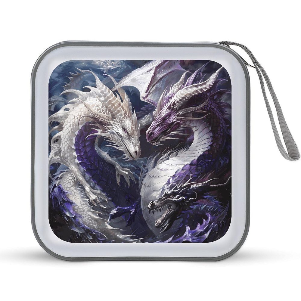 FodPand Purple And White Dragons CD Case 40 Capacity DVD Case Hard Plastic Disc Booklet VCD Storage Box Portable Zipper DVD Holder Large Media Binder for Car Home Office Travel
