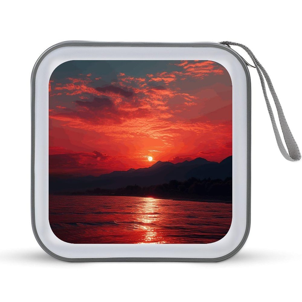 FodPand Fiery Red Sunset CD Case 40 Capacity DVD Case Hard Plastic Disc Booklet VCD Storage Box Portable Zipper DVD Holder Large Media Binder for Car Home Office Travel