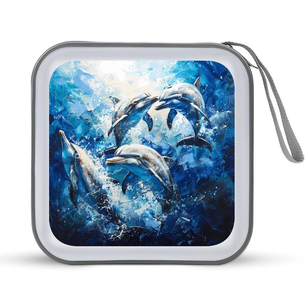 FodPand Dolphins Art CD Case 40 Capacity DVD Case Hard Plastic Disc Booklet VCD Storage Box Portable Zipper DVD Holder Large Media Binder for Car Home Office Travel
