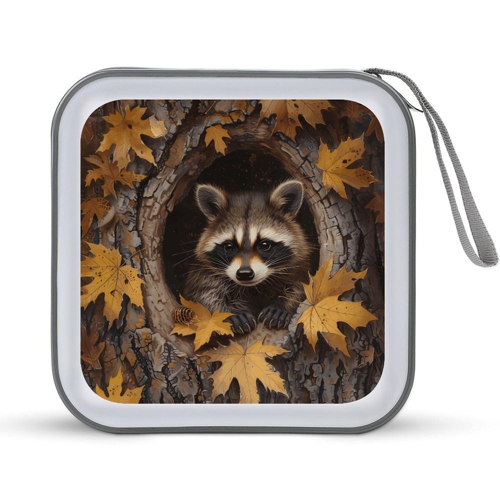 FodPand Raccoon in The Fall Tree Hole CD Case 40 Capacity DVD Case Hard Plastic Disc Booklet VCD Storage Box Portable Zipper DVD Holder Large Media Binder for Car Home Office Travel