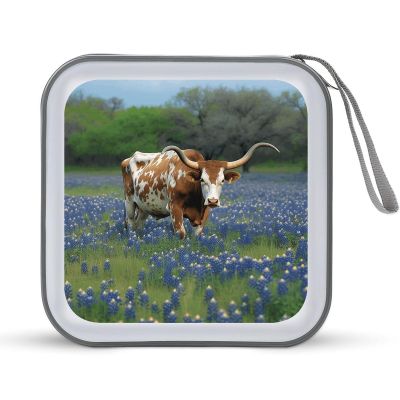 FodPand Bluebonnet Longhorn CD Case 40 Capacity DVD Case Hard Plastic Disc Booklet VCD Storage Box Portable Zipper DVD Holder Large Media Binder for Car Home Office Travel