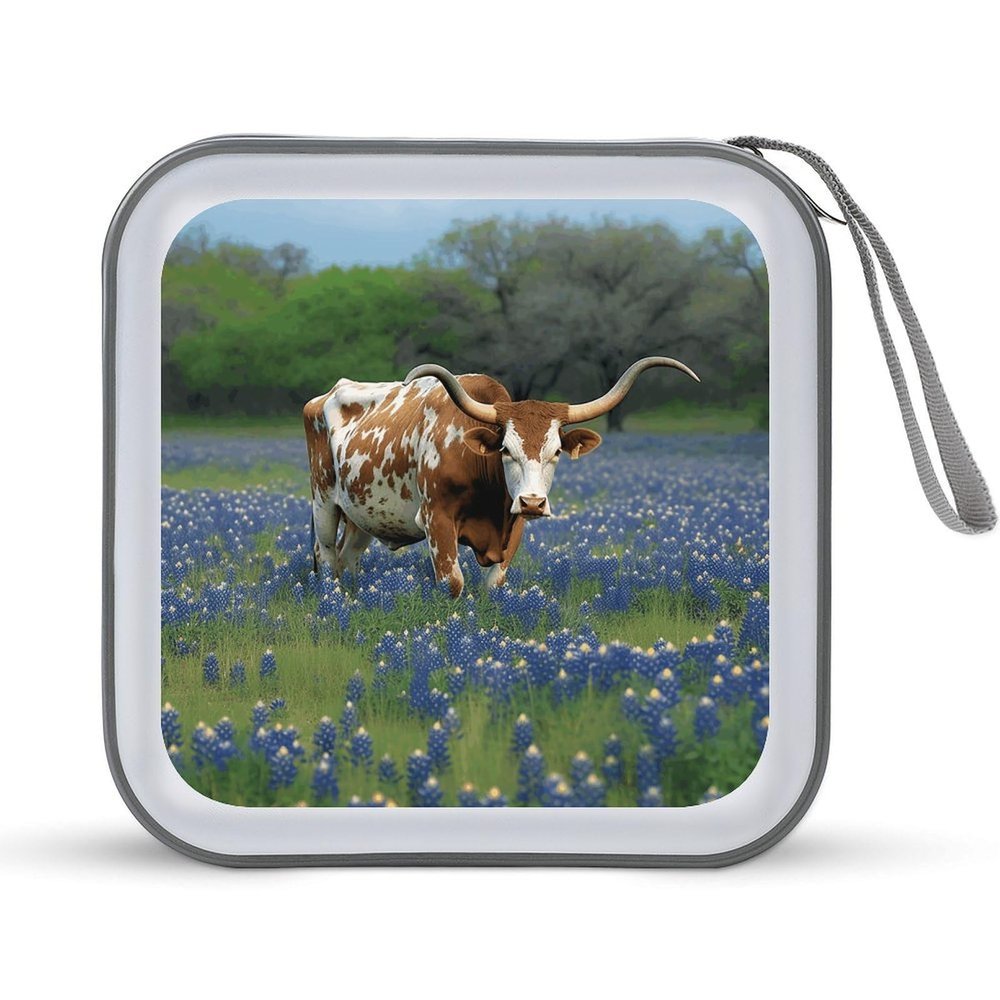 FodPand Bluebonnet Longhorn CD Case 40 Capacity DVD Case Hard Plastic Disc Booklet VCD Storage Box Portable Zipper DVD Holder Large Media Binder for Car Home Office Travel