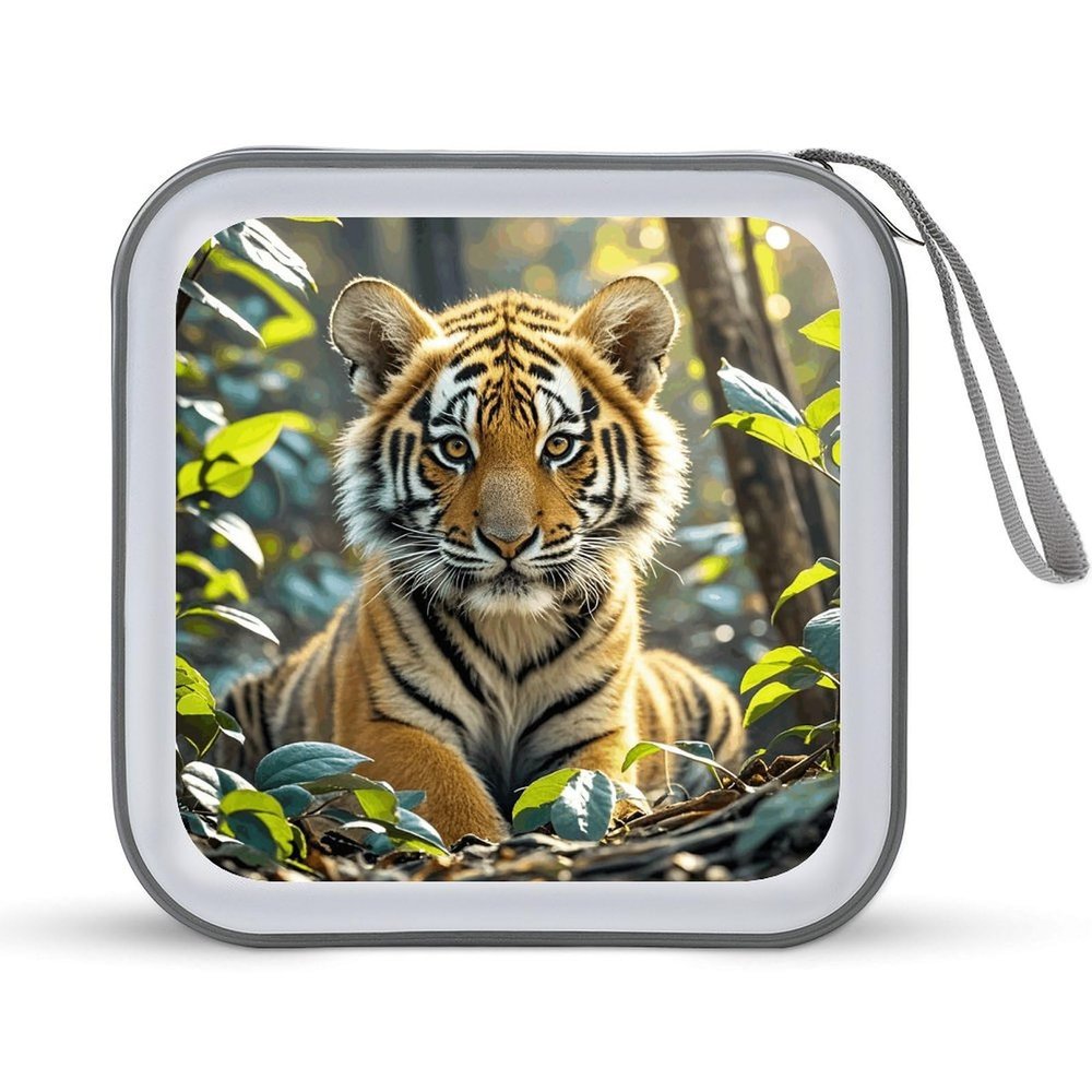 FodPand Jungle Tigers Cub CD Case 40 Capacity DVD Case Hard Plastic Disc Booklet VCD Storage Box Portable Zipper DVD Holder Large Media Binder for Car Home Office Travel
