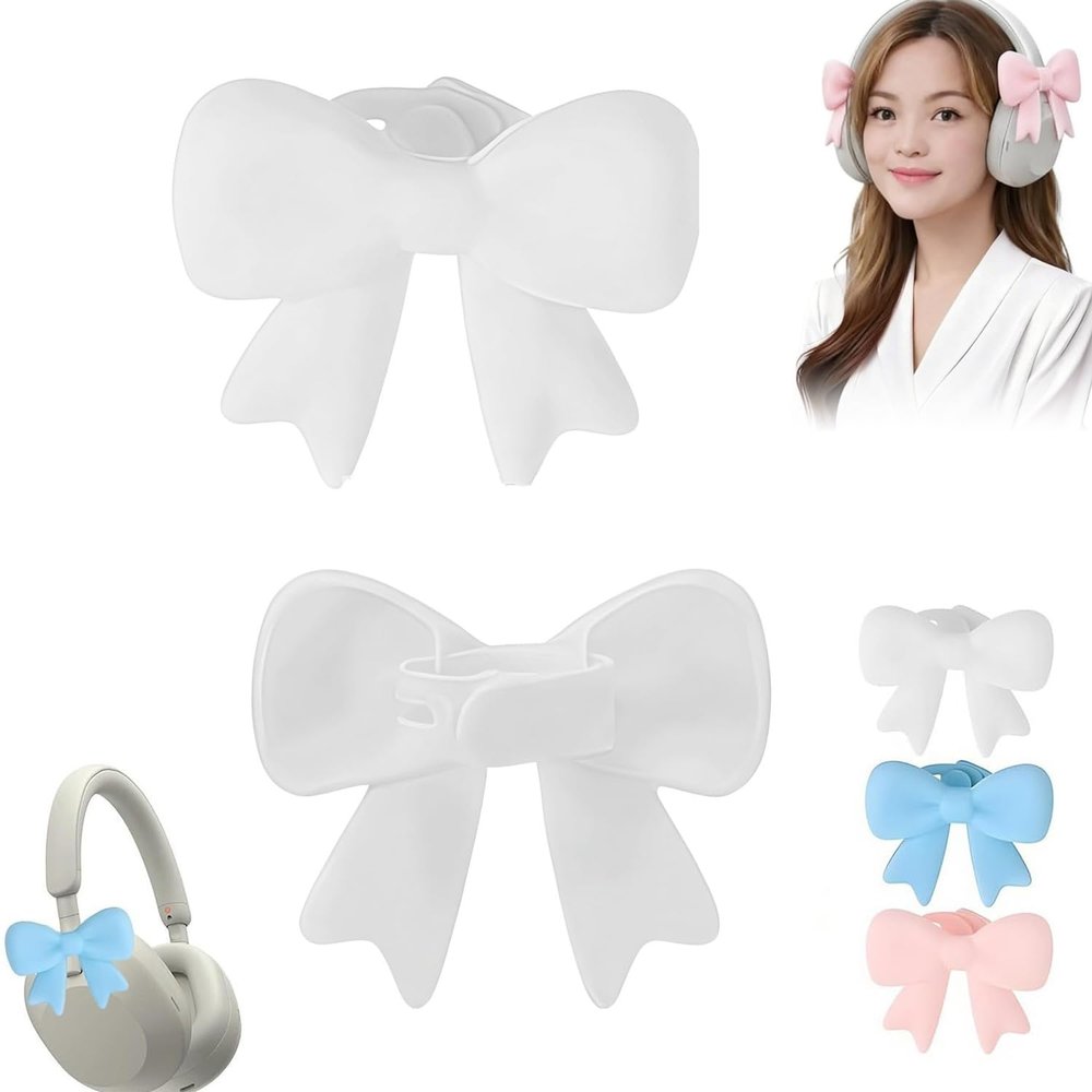 Silicone Bow Headphone Accessory Set,Stylish Headphone Decoration Clips, for Gaming & Casual Use,2-Pack 3D Cute Earphone Decorations (White)