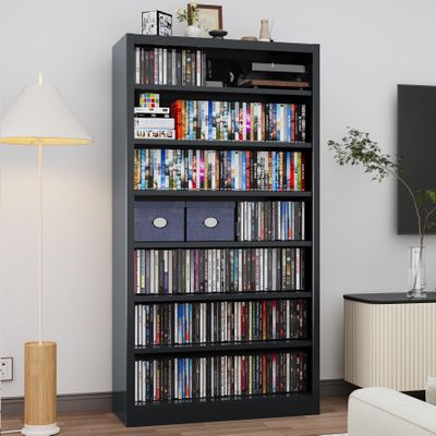 CBNTKI Metal CD Storage Shelf, 7 Tier Tall DVD Storage Cabinet with Adjustable Shelves, Freestanding Rack for Media, Video, Games, Black Bookshelf for Living Room, Media Room