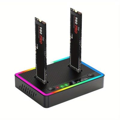 RGB M.2 Dual Drive Enclosure with Colorful Lighting, NVME/NGFF/SATA Compatible, USB 3.2 Dual Disk Reader, Offline Clone Function, 20Gbps Transfer Speed (NVME 20GPS)