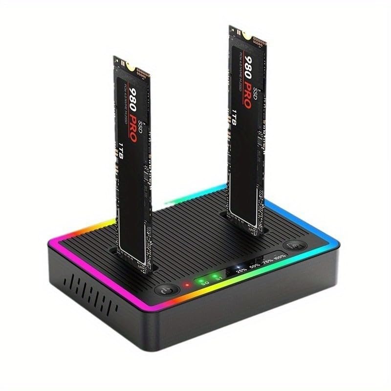 RGB M.2 Dual Drive Enclosure with Colorful Lighting, NVME/NGFF/SATA Compatible, USB 3.2 Dual Disk Reader, Offline Clone Function, 20Gbps Transfer Speed (NVME 20GPS)