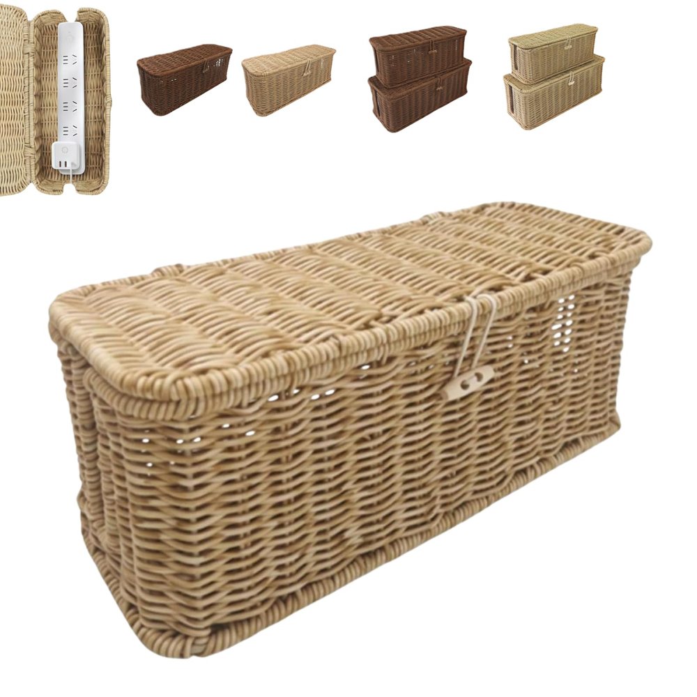Handwoven Rattan Cable Management Box,Wicker Cable Management Box,Rattan Cable Organizer,Charging Basket with Lid for Power Strip TV Pc Router Charger Under Desk Cable (B, S)