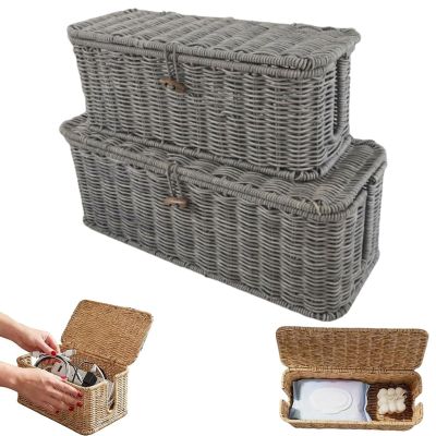 2pcs Handwoven Rattan Cable Management Box - Decorative Boho Cord Organizer with Lid, Ventilated Wicker Power Strip Cover for Desk, Nightstand & Home Office,Large Wood Wire Hider (Gray)