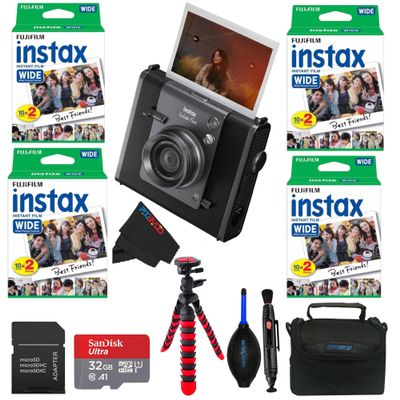 Fujifilm Instax Wide Evo Hybrid Instant Film Camera Bundle with Fuji Instax-Wide Instant Film and Pixibytes Microfiber Cleanin Cloth (4 Wide Twin Bundle, Black)