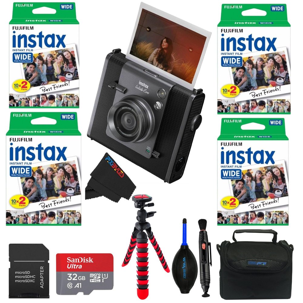 Fujifilm Instax Wide Evo Hybrid Instant Film Camera Bundle with Fuji Instax-Wide Instant Film and Pixibytes Microfiber Cleanin Cloth (4 Wide Twin Bundle, Black)