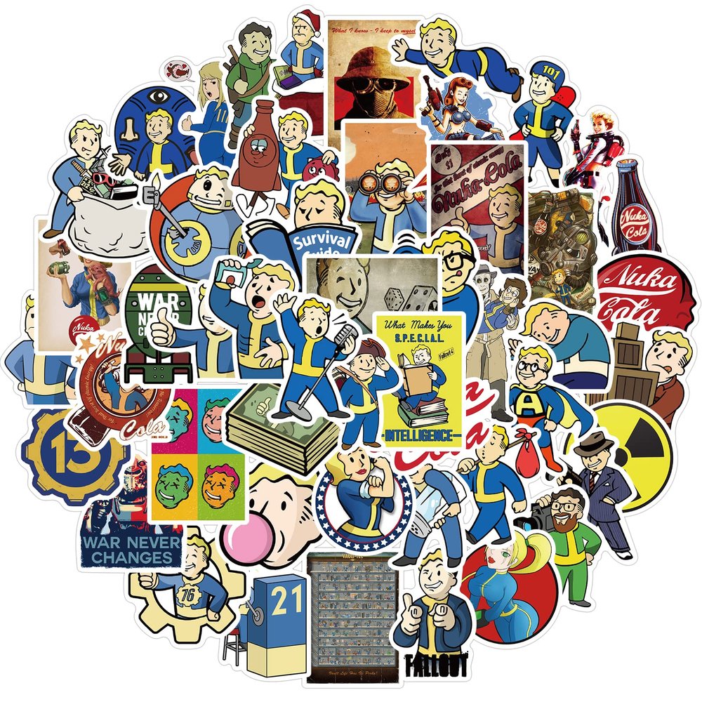 50Pcs Fallout Stickers, Cool Cartoon Game Waterproof Vinyl Decal for Adult Teen Girl Kids Laptop Travel Case Phone Bike Water Bottle Guitar Computer Skateboard Notebook Scrapbook