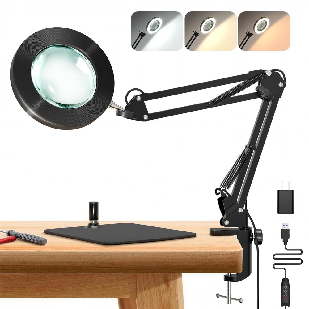 ZAPLIT 10X Magnifying Lamp with Light [Clamp and Stand], 4.3 Real Glass Lens Magnifier Desk Lamp Clip On, Metal Swing Arm LED Ring Light with 3 Color Modes & 10 Brightness for Close Work Crafts Nail