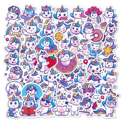 Nakamukaku 50Pcs Kids Cartoon Stickers Waterproof Decorative Stickers for Phones, Laptops, Guitars, and Water Bottles. (Unicorn, Reusable)