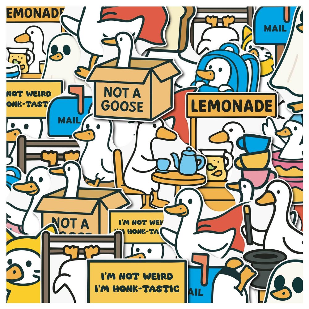 Nakamukaku 50Pcs Kids Cartoon Stickers Waterproof Decorative Stickers for Phones, Laptops, Guitars, and Water Bottles. (Cute Goose, Reusable)