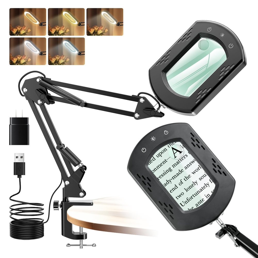 10X 30X Magnifying Glass with Light, Magnifying Lamp with Real Glass Square Lens, Stepless Dimming & 5 Color Modes, Magnifying Glass for Close Work, Crafts, Sewing, Repair & Reading