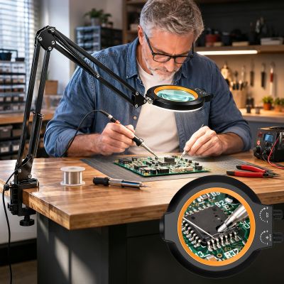 MEIAOELEC 12X Magnifying Glass with Light and Stand Hands Free, Long Swing Arm Desk Magnifying Light with Clamp for Close Work, Dimmable Lighted Magnifier Lamp for Soldering Craft Jewelry Bench Sewing
