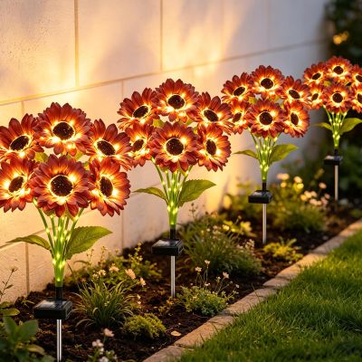 ANGMLN Solar Garden Lights 4 Pack 24 Solar Red Sunflower Lights