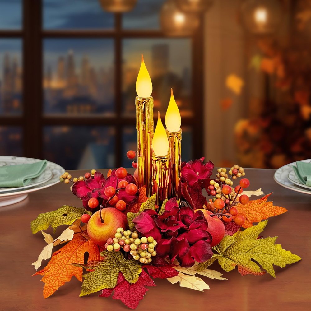 Fall Floral Centerpieces for Tables,3 LED Candle Lights with Maple Leaves