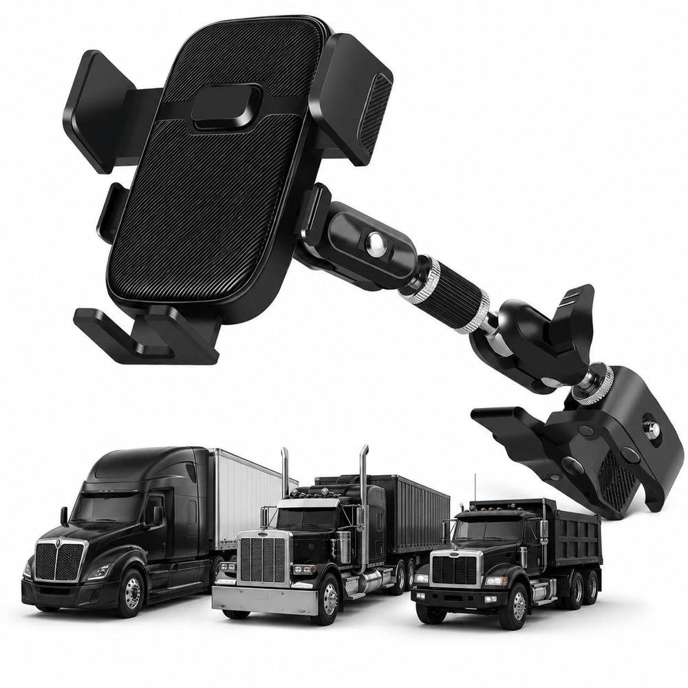 WYMZF Heavy Duty Truck Phone Holder for Ford Transit Trail Cargo Van 2019-2023, Handle Clamp Mount Cell Phone Holder with Adjustable Arm for Semi Truck Pickup Excavator Bus RV,Dual-Arm Long PH