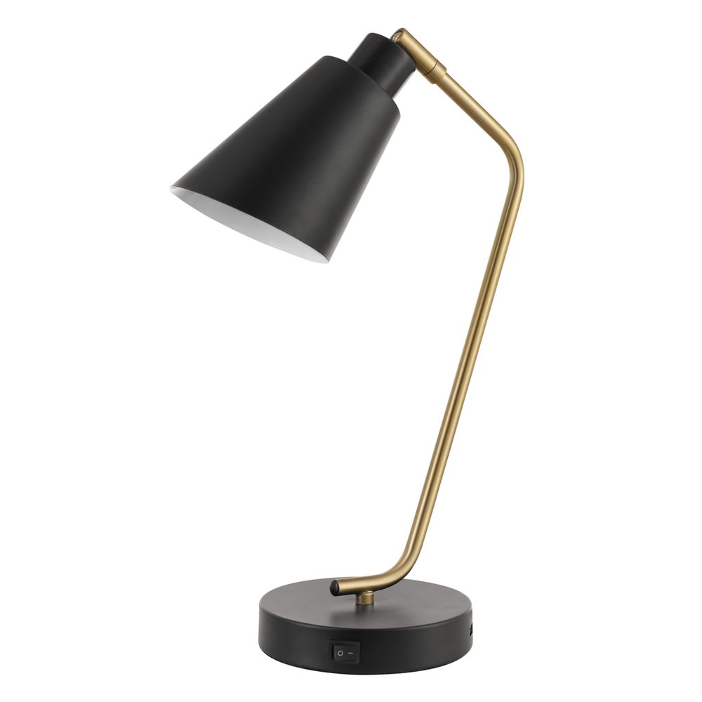 Globe Electric 52095 Belmont 17" Desk Lamp, Matte Black, Antique Brass Accents, Fast Charging USB Port, Rocker On/Off Switch