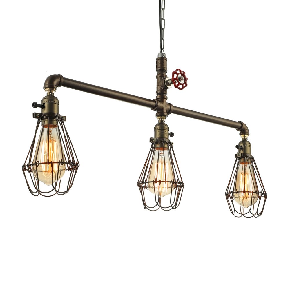 Industrial Vintage Retro Linear Pipe Designed Chandelier - RUNNUP 28'' Wide Edison Metal Hanging Ceiling Light Rustic Pendant Light Metal Cage Island Light Fixture Black Finish with 3 Lights