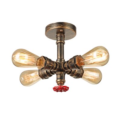 RUNNUP Industrial Vintage Edison Ceiling Light Flush Ceiling Light with Valve in Pipe Style Antique Brass with 4 Lights