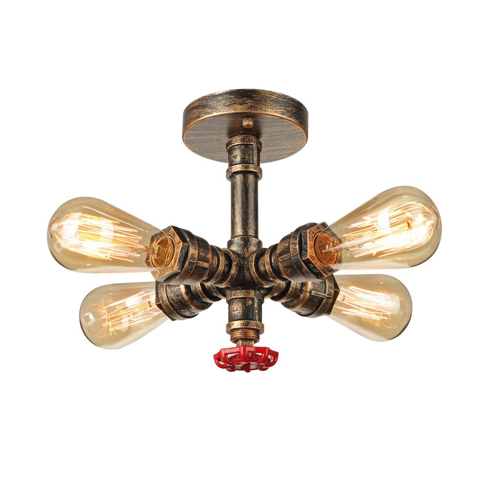 RUNNUP Industrial Vintage Edison Ceiling Light Flush Ceiling Light with Valve in Pipe Style Antique Brass with 4 Lights