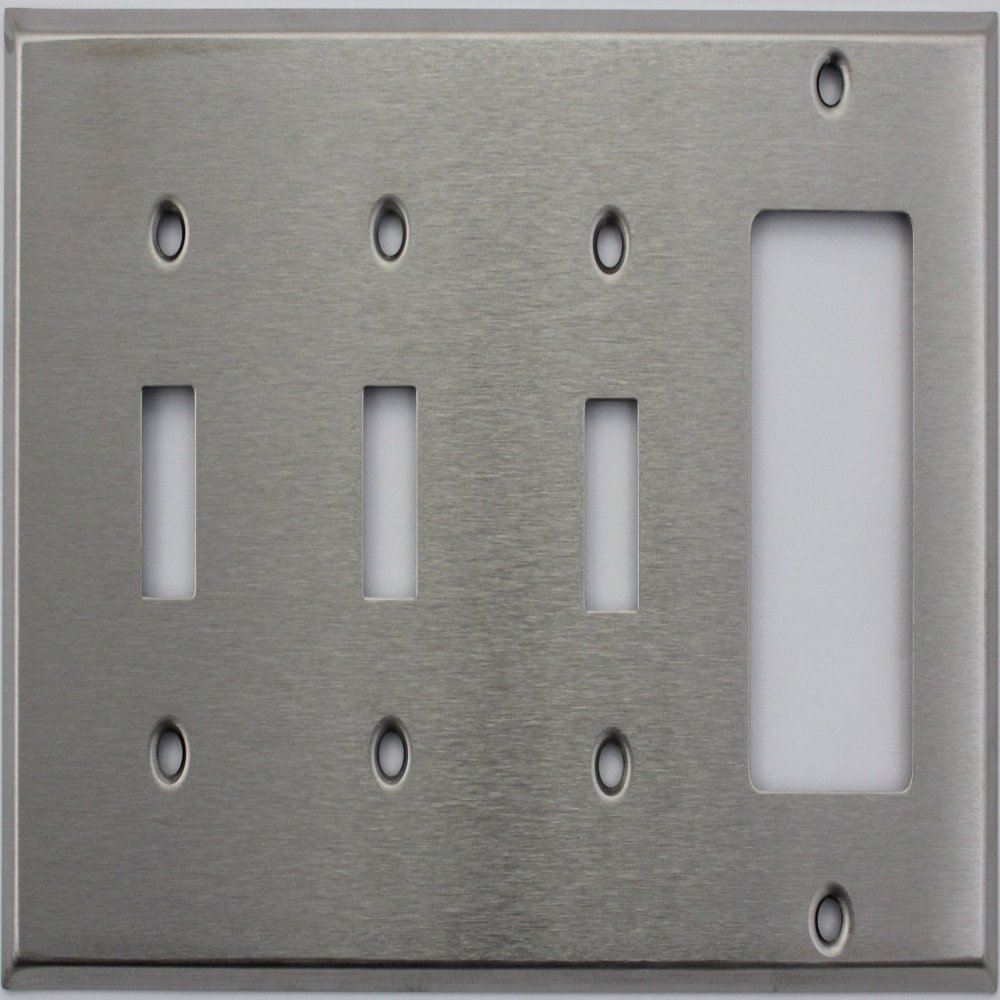 Brushed Satin Stainless Steel 4 Gang Wall Plate 3 Toggle Switches 1 GFI/Rocker Opening