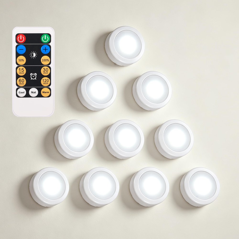 WRalwaysLX 10 Pack LED Cabinet Push Light, Operates On 3x1.5V AAA Batteries (Not Included) for Kitchen Under Cabinet Lighting, Closets, Cabinets, Counters