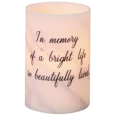 Beautifully Lived Memorial White Marble Tone 4 x 6 Wax LED Flameless Candle