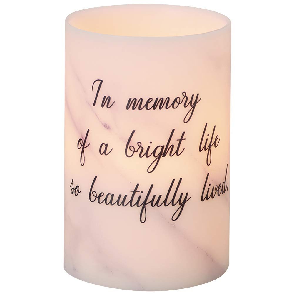 Beautifully Lived Memorial White Marble Tone 4 x 6 Wax LED Flameless Candle