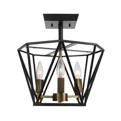 Globe Electric 65979 Sansa 3-Light Semi-Flush Mount Ceiling Light, Dark Bronze Finish, Antique Brass Accents