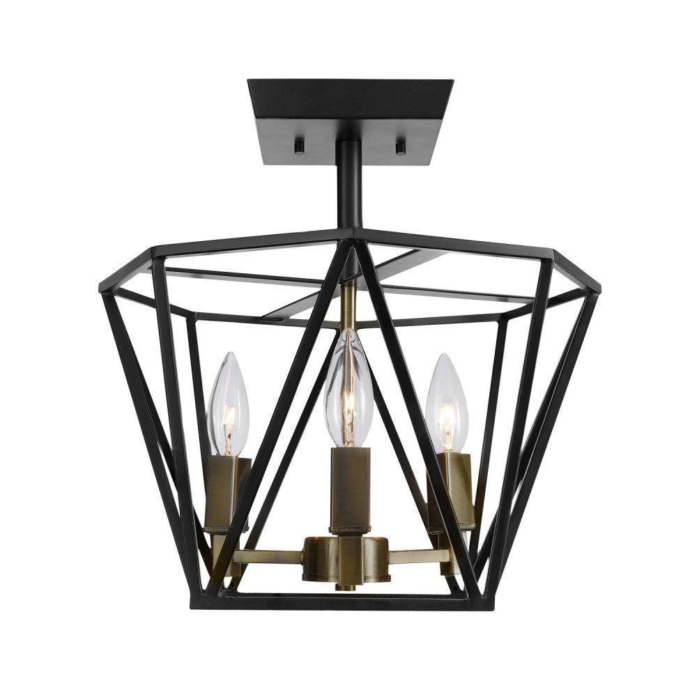 Globe Electric 65979 Sansa 3-Light Semi-Flush Mount Ceiling Light, Dark Bronze Finish, Antique Brass Accents