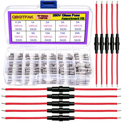 QBGTFAK 12pcs 5x20 mm Fuse Holder Inline Screw Type with 16 AWG Wire + 10 Values 110 Pcs 5x20mm Fast Blow Glass Fuses 250 V 0.2A, 1A, 2A, 3A, 5A, 6A, 8A, 10A,15A,20A,Assortment Kit