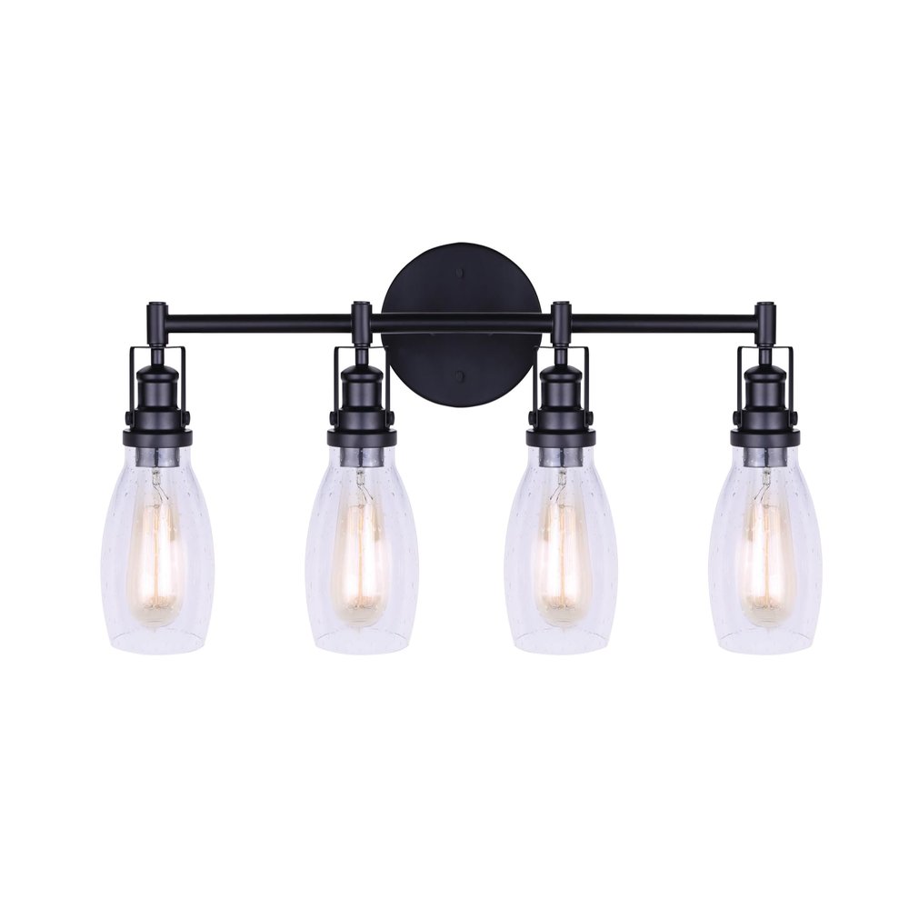'Canarm Carson 4 Vanity Light in Matte Black with Seeded Glass - Easy Connect'