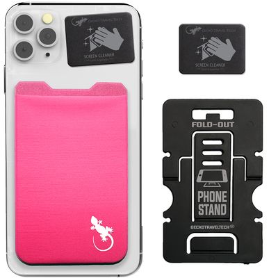 Gecko Travel Tech Pink Phone Wallet Stick on - Card Holder for iPhone - Pink Card Holder for Women - PINK WHITE