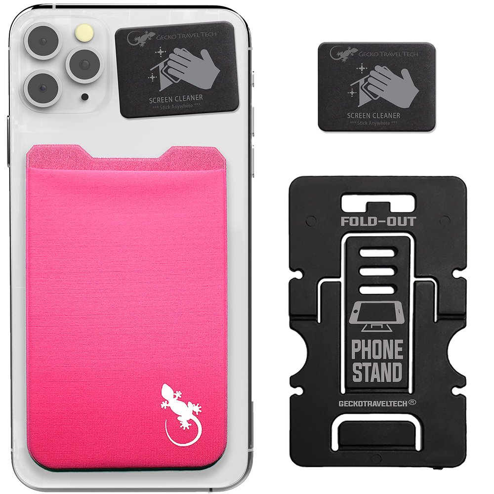 Gecko Travel Tech Pink Phone Wallet Stick on - Card Holder for iPhone - Pink Card Holder for Women - PINK WHITE