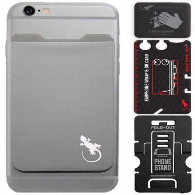 Gray Phone Wallet - Adhesive Card Holder - Gray Stretchy Spandex Pocket - Stick on Spandex Pocket by Gecko - Carry Credit Cards and Cash - GRAY WHITE