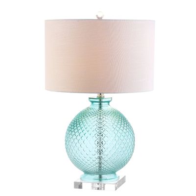 JONATHAN Y Estelle 26" Aqua Diamond-Etched Glass Crystal Table Lamp