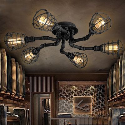 LITFAD 6-Light Industrial Pipe Ceiling Light with Metal Cage Shade, Black