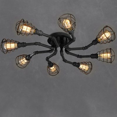 LITFAD 8-Light Industrial Pipe Ceiling Light with Metal Cage Shade, Black