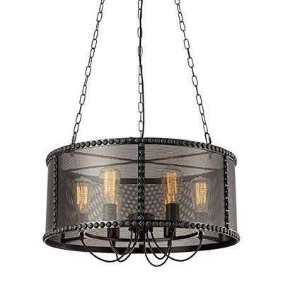 RUNNUP Industrial 20'' Wide 6 Lights Pendant Retro Chandelier Vintage Ceiling Light with Metal Mesh Frame Pendant Lamp in Black Finish