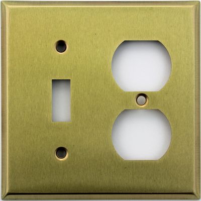 Stamped Satin Brass 2 Gang Wall Plate - 1 Toggle Switch 1 Duplex Outlet