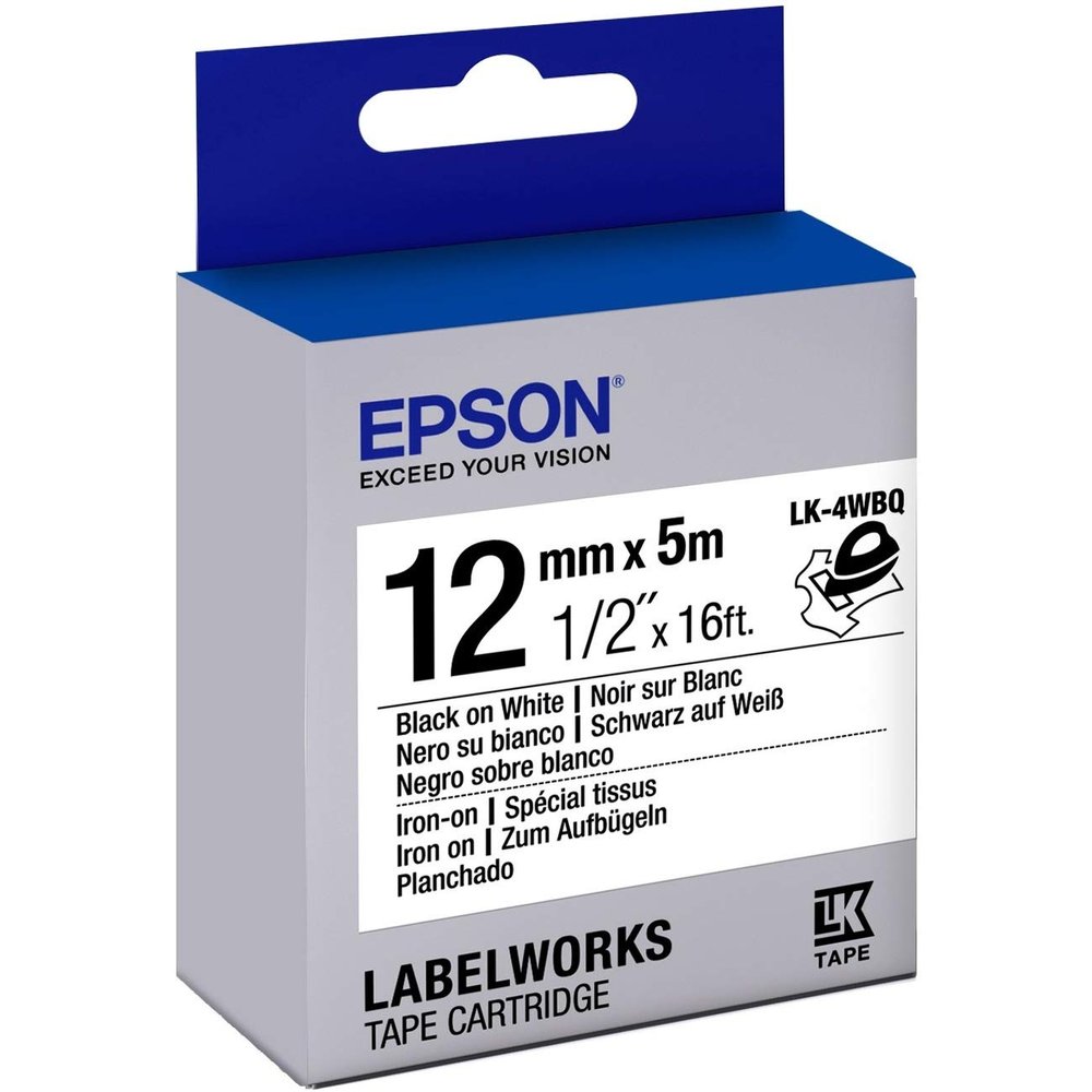 Epson LabelWorks IronOn Tape Cartridge ~1/2" Black on White (LK-4WBQ) - for use with LW-300, 400, 600P, 700 Label Printers