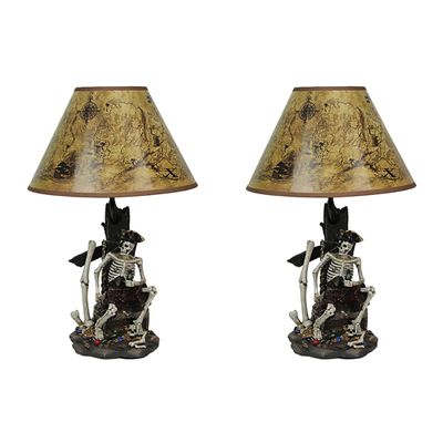 Set of 2 Pirate Skeleton Table Lamps with Treasure Map Shades, 21 Inch