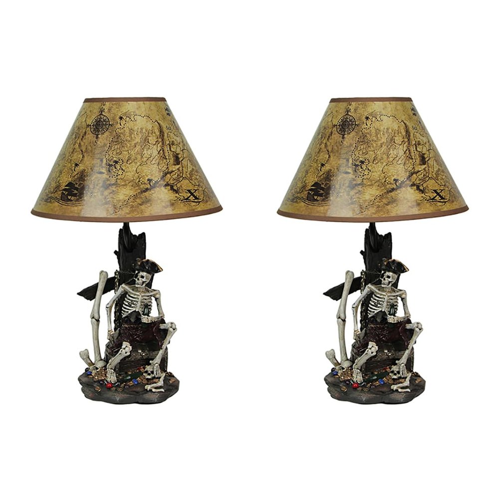 Set of 2 Pirate Skeleton Table Lamps with Treasure Map Shades, 21 Inch