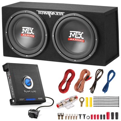 MTX 12-Inch Dual Subwoofer with Amp & Wiring Kit - Complete Car Sound System Bundle with 1200W Loaded Enclosure, Planet Audio Peak 1500W Monoblock Amplifier, and Soundstorm 8 Gauge Installation Set