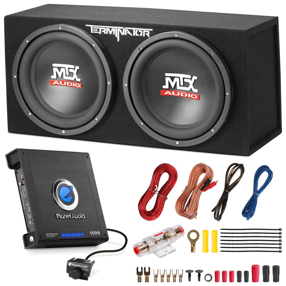 MTX 12-Inch Dual Subwoofer with Amp & Wiring Kit - Complete Car Sound System Bundle with 1200W Loaded Enclosure, Planet Audio Peak 1500W Monoblock Amplifier, and Soundstorm 8 Gauge Installation Set